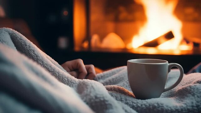 A person lying in bed next to a warm fireplace with a cup of coffee.