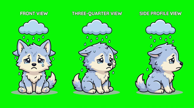 Sad Cartoon Wolf in Front Three-Quarter and Side Profile Views