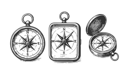 Compass grunge sketch set, hand drawn engraved illustration collection. © Leg_IO