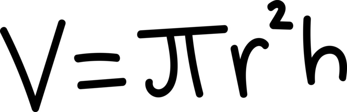 Hand-drawn mathematical formula for the volume of a cylinder V = pi r squared h