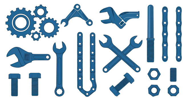 Blue Blueprint Style Tools and Hardware Collection - Gears, Wrenches, Bolts, Nuts