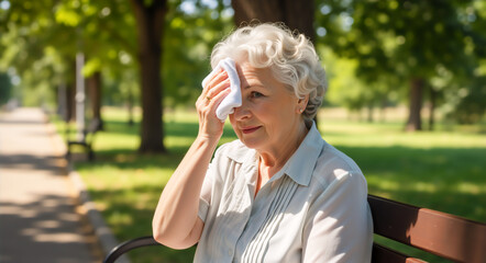 Obraz premium Senior woman wiping sweat from forehead in park. Elderly female suffering from summer heatwave on bench