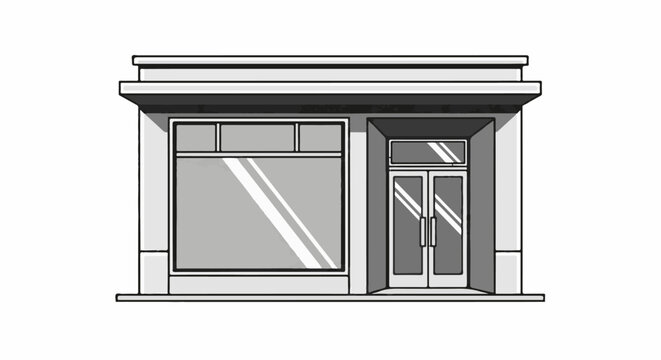 Monochrome illustration of a commercial storefront with large display windows and double doors