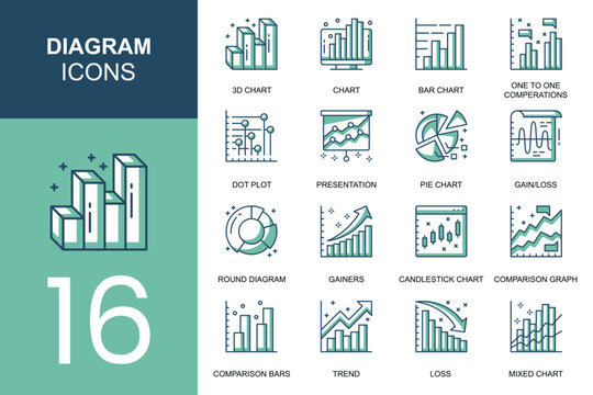 Collection of 16 diagram and chart icons for data visualization and analysis.