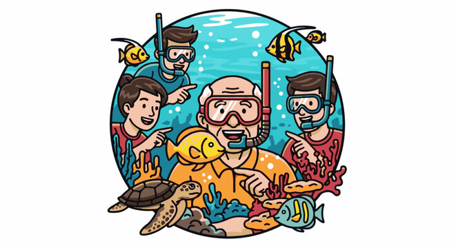 A group of snorkelers joyfully points at marine life underwater