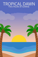 Fototapeta premium A vibrant tropical sunrise scene with palm trees and a golden sun