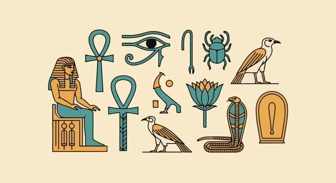 Ancient Egyptian symbols and figures with an archaic color palette