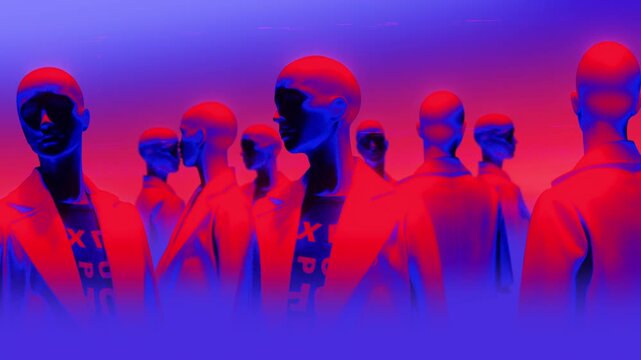 A group of faceless mannequins spinning on an endless loop in a stop motion style.
