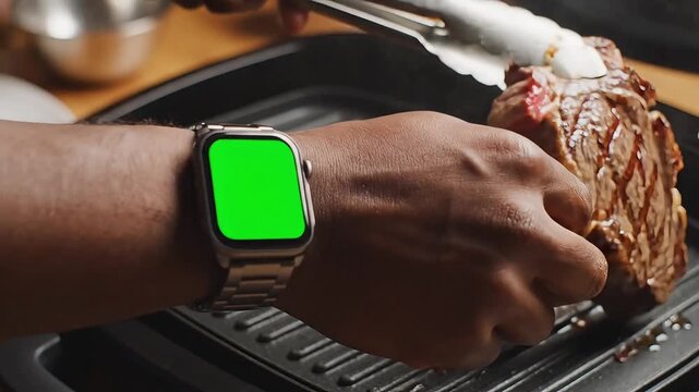 Chef Grilling Premium Beef Steaks on Electric Grill with Smartwatch Green Screen Mockup &ndash; Post-Qurbani BBQ Vibe