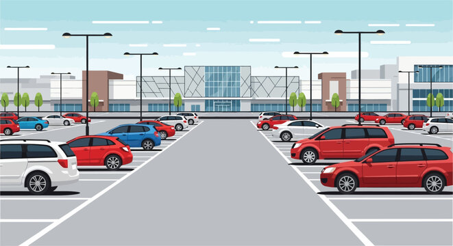 A brightly colored illustration depicting a full parking lot at a shopping mall