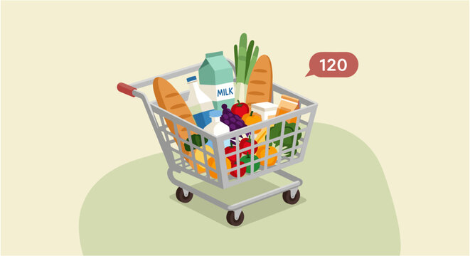 A shopping cart filled with groceries and a number 120