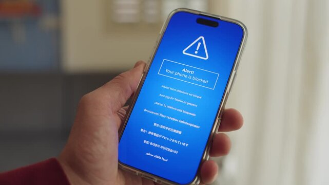 Hand holding smartphone as error message shows device is blocked and hacked by spy or hacker group taking over mobile phone. Person receiving notification alert that phone is locked and access denied