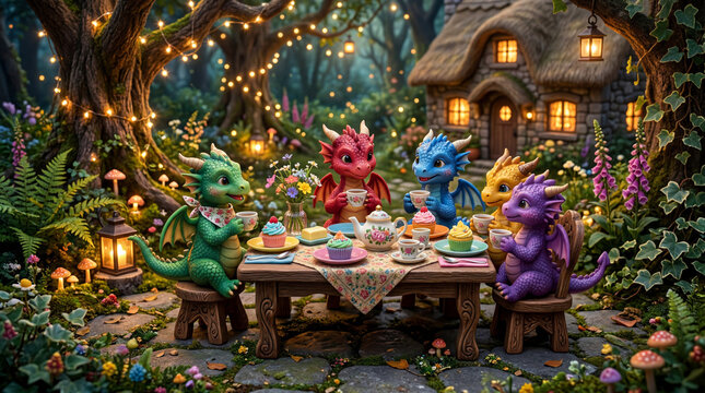 Whimsical baby dragons having a colorful tea party in a secret fantasy garden