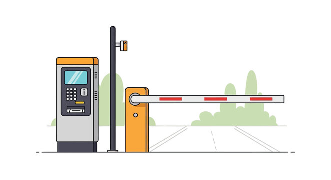 Automated parking system with ticket dispenser and barrier gate illustration