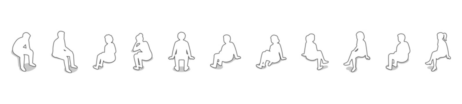 Top View People at Tables Outline Vector Set, Overhead Perspective Thin Line Figures for Architectural Restaurant Documentation, Cafe Site Analysis, Minimalist Wireframe Style