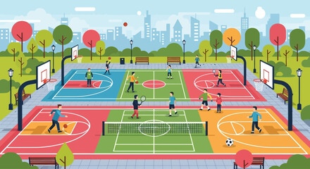 Urban park with multiple sports courts: basketball, tennis, and soccer, people playing outdoor games © Bakul