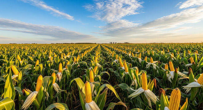 Expansive corn farm with rows stretching across bright sunny landscape