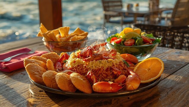 Tasty seafood meals prepared for enjoyment, featuring seafood rice, crab, shrimp, and tempting sides like patacones, chifles, and a fresh salad.