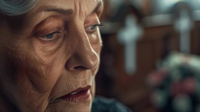 Elderly woman gazes downward with solemn expression. Soft lighting highlights wrinkles and gentle features. Background blurred, suggesting quiet, reflective setting. Emotionally evocative