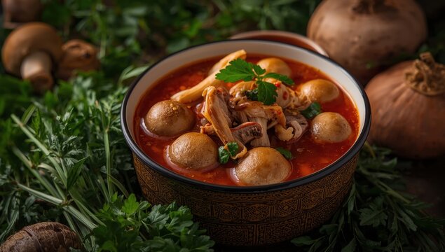 Spicy Northern Thai soup with puffball mushrooms, pork, and wild herbs, presented in a classic enamel bowl.