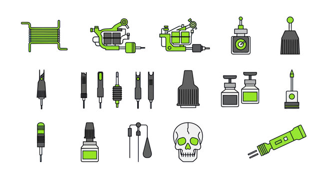 Tattoo Machine Equipment and Supplies Icon Set - Green and Grey