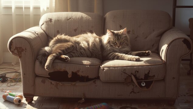 playful cat exhausted from biting the couch