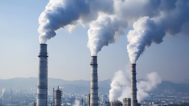 Industrial factory chimneys emitting large smoke clouds over cityscape with mountains in background