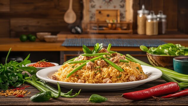 Crispy pork fried rice with long beans and red curry paste, a milder yet tasty Thai dish featuring curry paste and assorted seasonings.