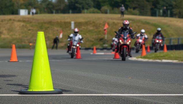 Close-up of a green cone at a biker site. Traffic cones at a driving school training area. Circuit for motorcycle students. Motorcycle instruction courses.