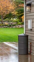 Fototapeta premium Rain collection system with orange downspout and dark gray rain barrel next to house during daylight in green yard