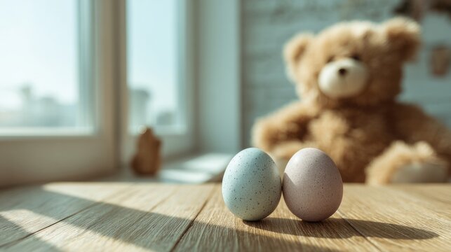 Wooden table with two easter eggs and a plush teddy bear in a cozy room setting