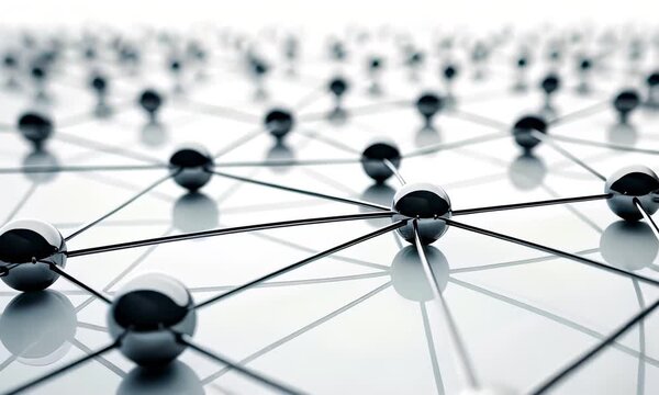 Network connections show nodes and links on a digital background with a logo and lines across the surface