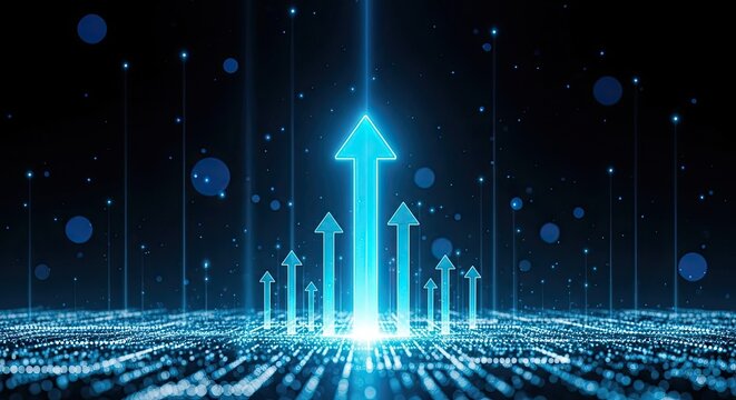 Glowing blue arrows rise upward on a digital grid background at night.