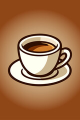 Logo cafetería. Dibujo minimalista con líneas estilo vintage de una taza de café con leche con su plato en fondo degradado  © teracreonte