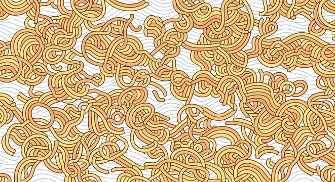 Seamless Pattern of Hand Drawn Ramen Noodles on Wavy Line Background