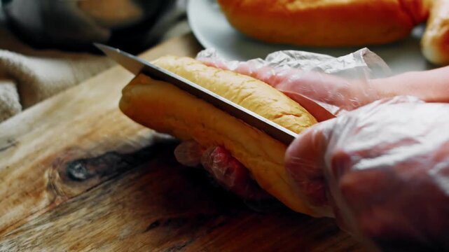 Cutting a hot dog bun with a knife