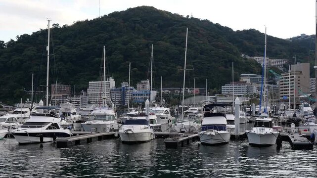 Ferry boats at Atami Marina, on Izu Peninsula in Shizuoka Prefecture, Japan