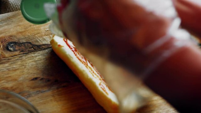 Adding mustard to a hot dog bun