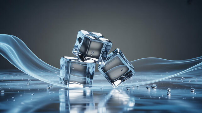 Close up of clear ice cubes melting on a reflective surface with water droplets