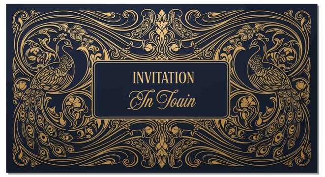 Elegant Vintage Invitation Card with Golden Peacock Ornaments on Dark Blue Background