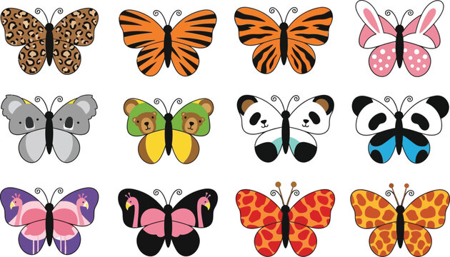 A colorful illustration of various animal print butterflies and pandas on a white background