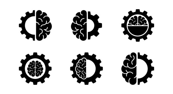 Artificial intelligence brain and gear icons, 6 black vector symbols of human mind and machine integration, neural network and engineering concept