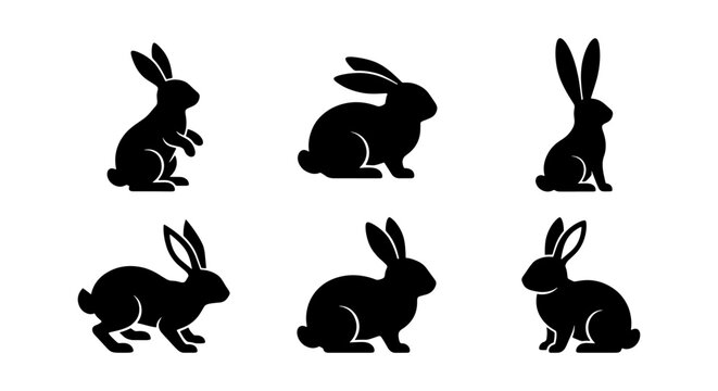 Black rabbit silhouette collection, set of 6 bunny vector icons in various poses, minimalist hare animal shapes for Easter and nature design