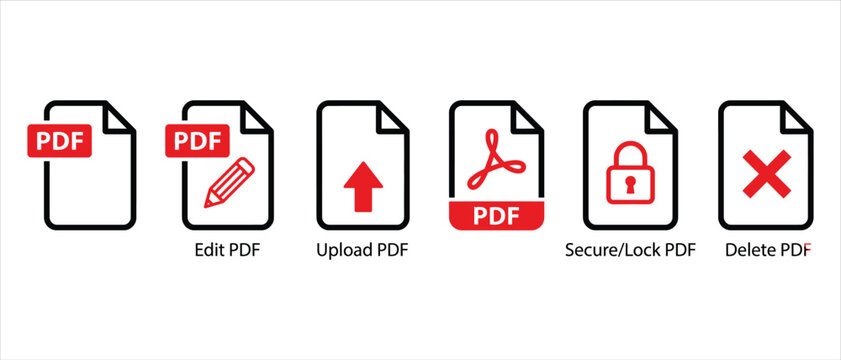 PDF document icon set, red and black file management symbols, edit upload secure and delete PDF vector icons for web interface design