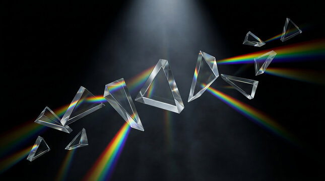 Abstract 3D Render of Floating Glass Prisms with Rainbow Light Refraction on Black Background