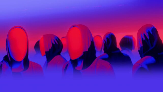 A group of faceless mannequins spinning on an endless loop in a stop motion style.
