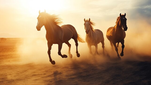 gallop. Three horses galloping through a desert dust cloud with flowing manes under a warm sunset. inspiring travel planning, wildlife magazines, designed for wildlife conservation campaigns.