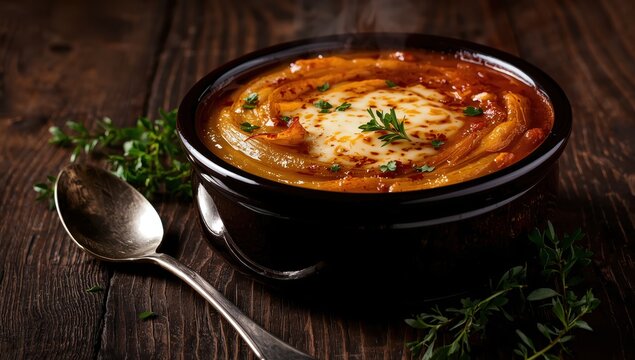 tasty traditional French onion soup on a dark, weathered wood surface.