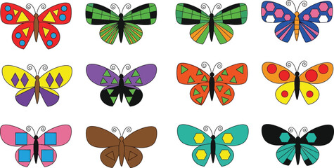 Fototapeta premium A colorful illustration of various butterfly designs in different patterns and colors.