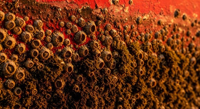 Close-up view of a dirty ship hull covered in barnacles and algae underwater with a dark red rusty surface